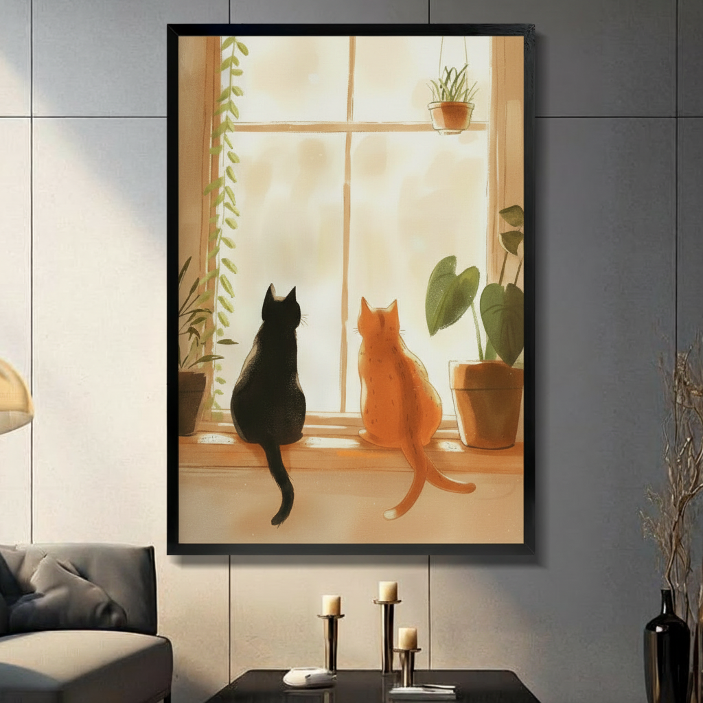 Two Cats Window Canvas Art – Cozy Boho 3009 Wall Art