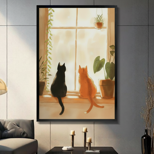 Two Cats Window Canvas Art – Cozy Boho 3009 Wall Art