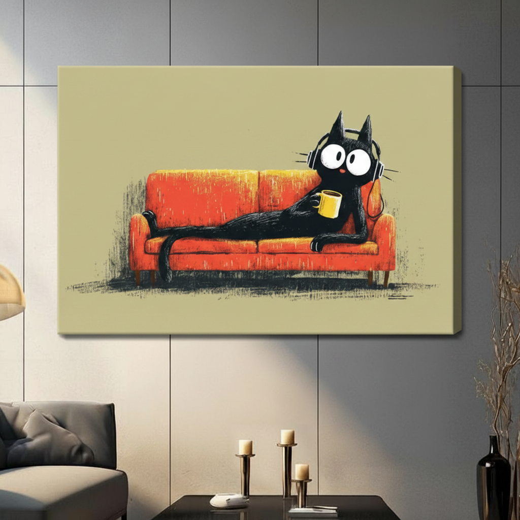 Black Cat Lounge Coffee Headphones Canvas Wall Art