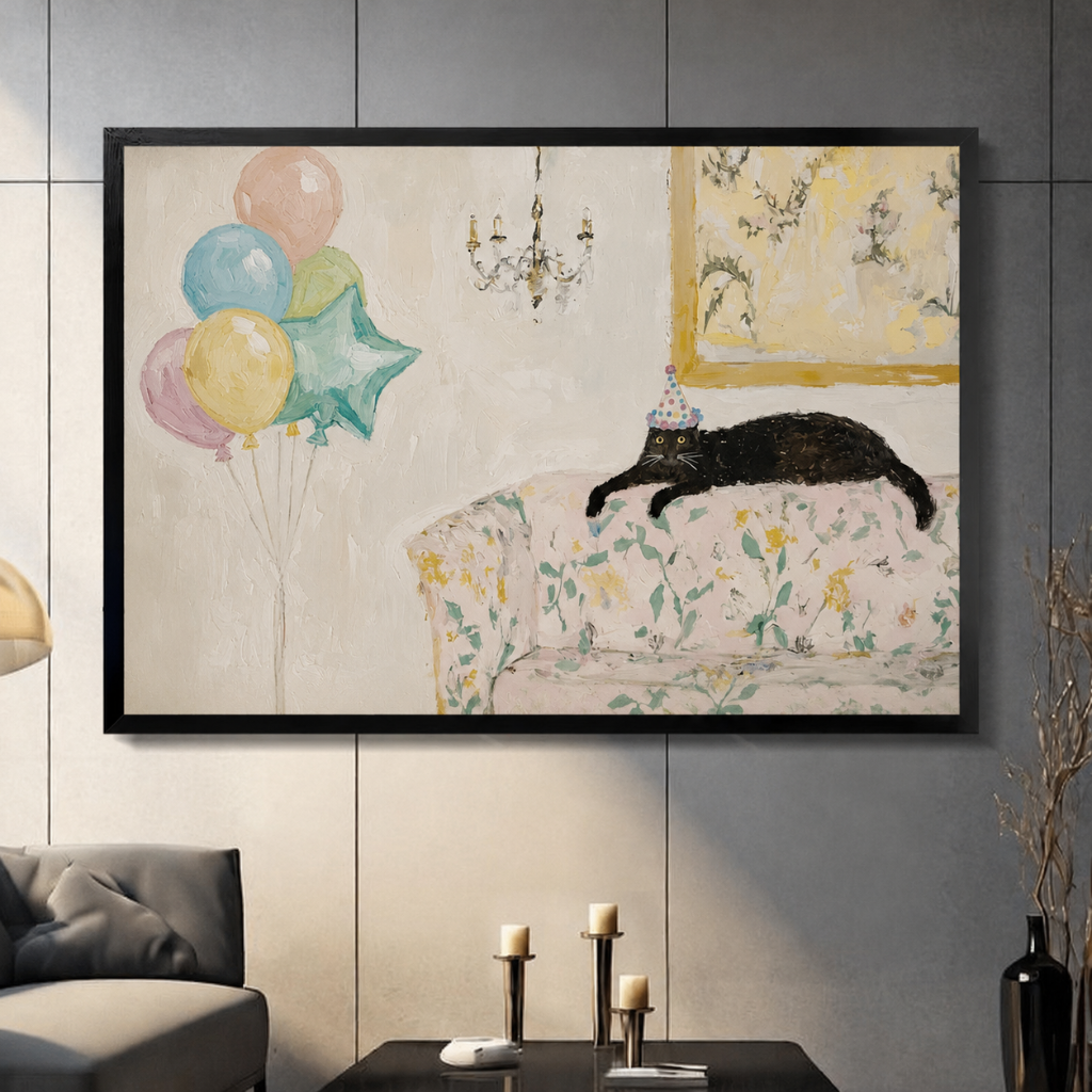 Party Cat Floral Sofa Whimsical Canvas Wall Art