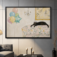 Party Cat Floral Sofa Whimsical Canvas Wall Art