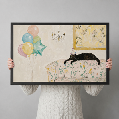 Party Cat Floral Sofa Whimsical Canvas Wall Art