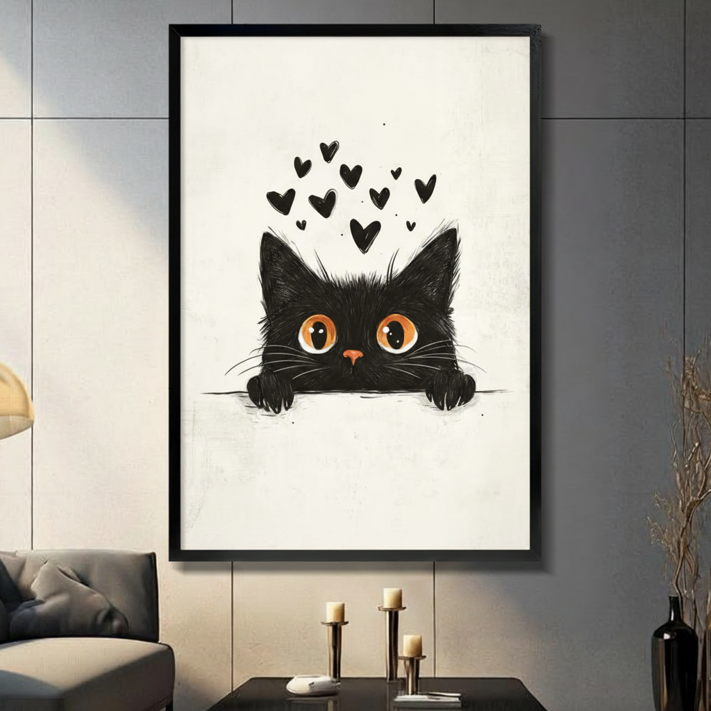 Peeking Black Cat Hearts Canvas Wall Art