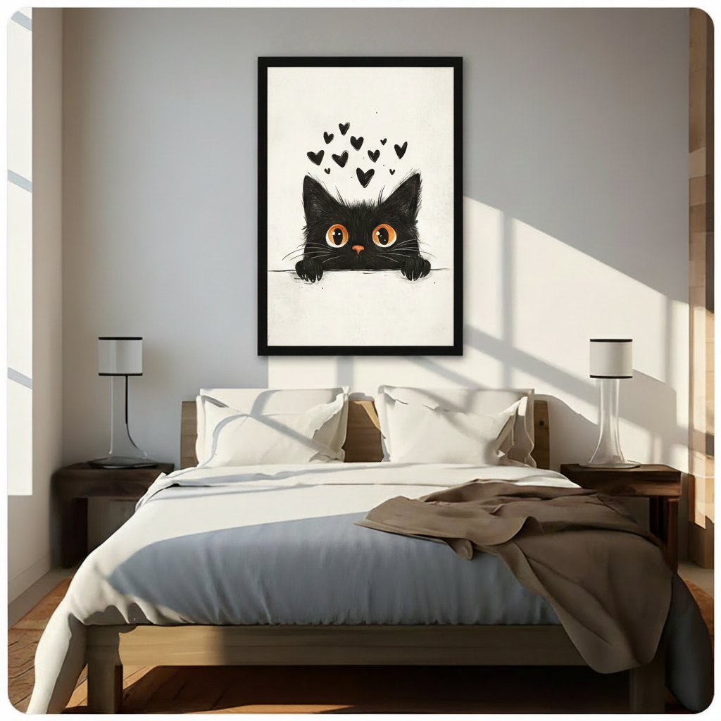 Peeking Black Cat Hearts Canvas Wall Art