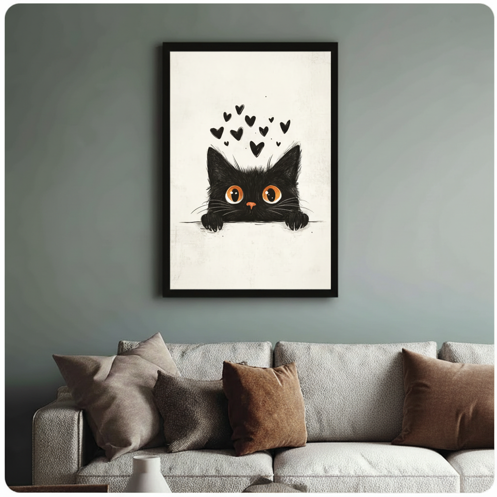 Peeking Black Cat Hearts Canvas Wall Art