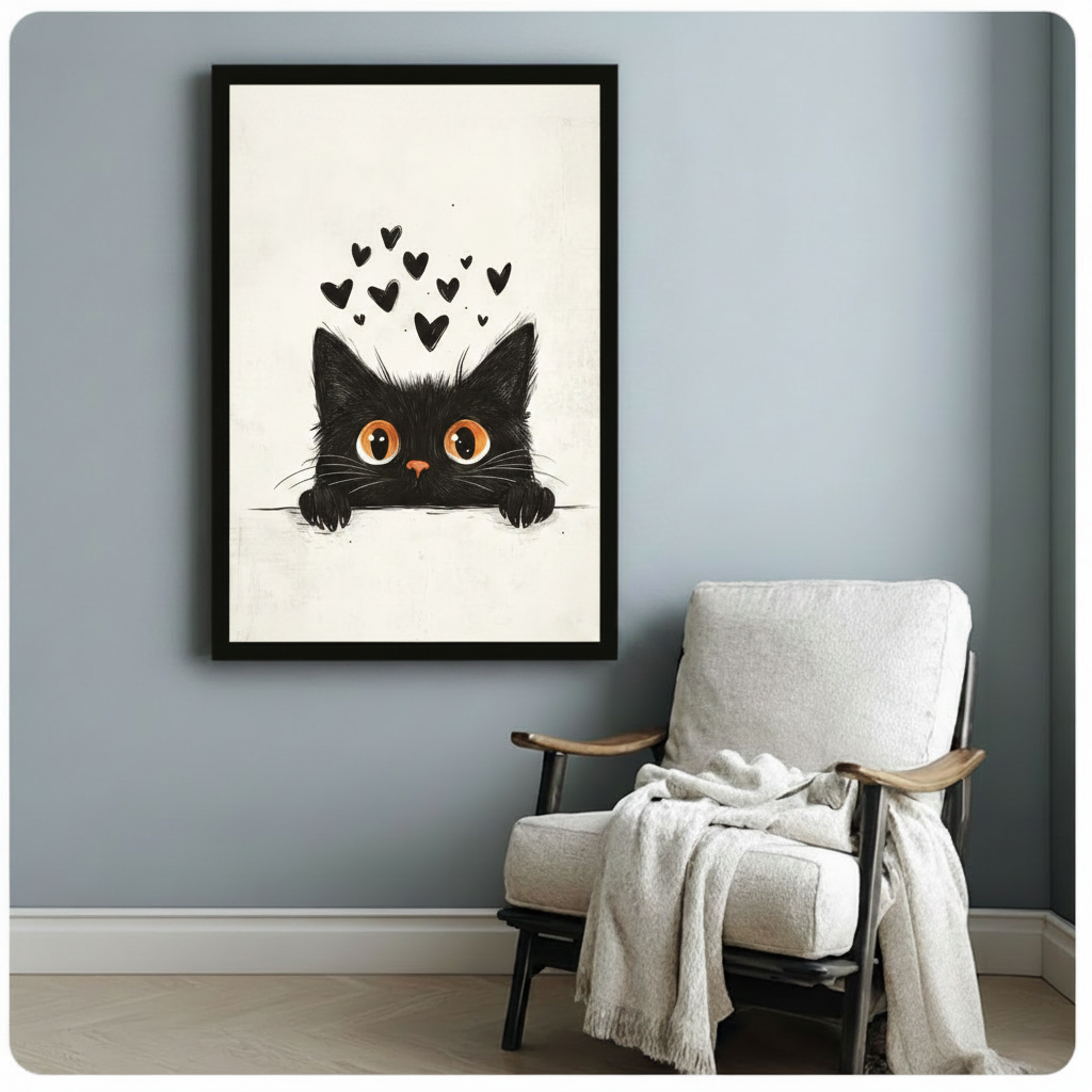 Peeking Black Cat Hearts Canvas Wall Art