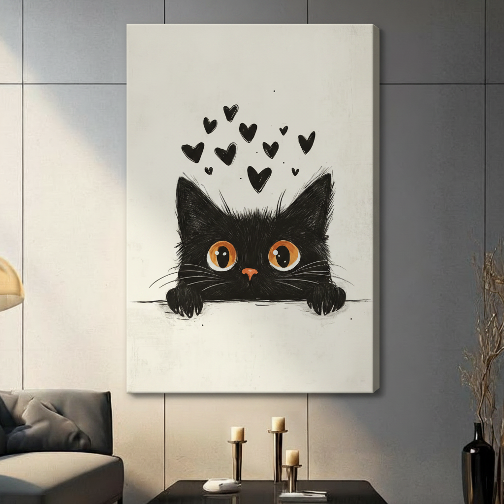 Peeking Black Cat Hearts Canvas Wall Art