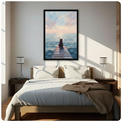 Cat on Pier Sunset Ocean Canvas Art Wall Art