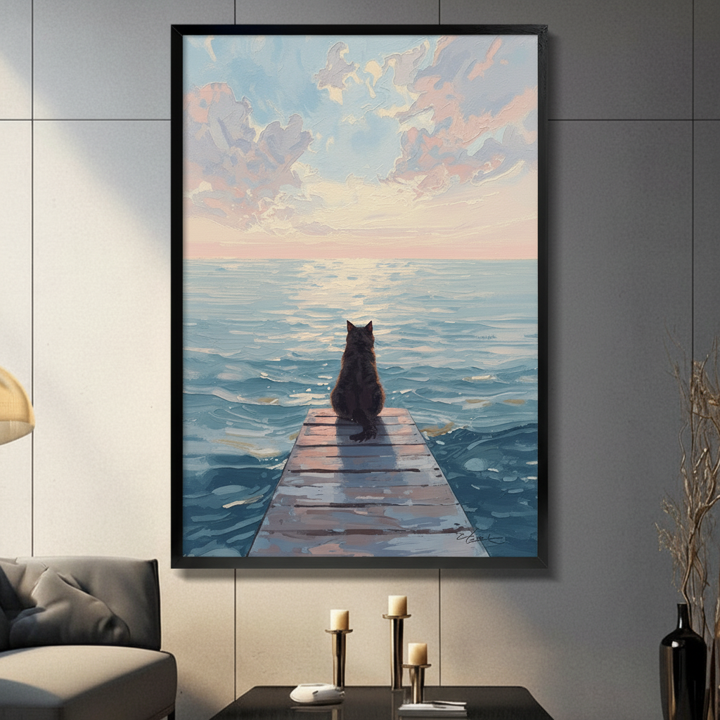 Cat on Pier Sunset Ocean Canvas Art Wall Art