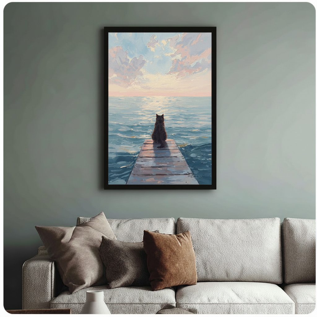 Cat on Pier Sunset Ocean Canvas Art Wall Art
