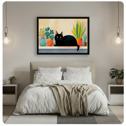 Black Cat Botanical Shelf Whimsical Canvas Art