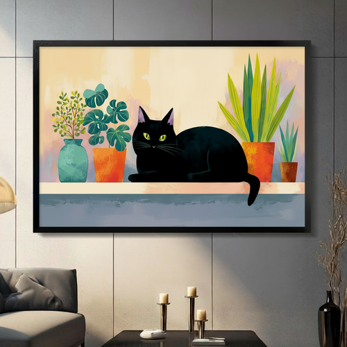 Black Cat Botanical Shelf Whimsical Canvas Art