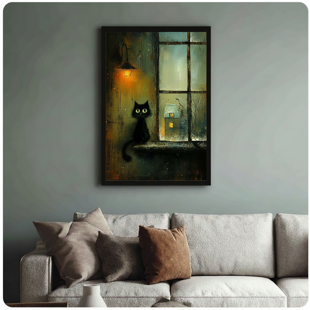 Rainy Night Black Cat Window Canvas Art Wall Art