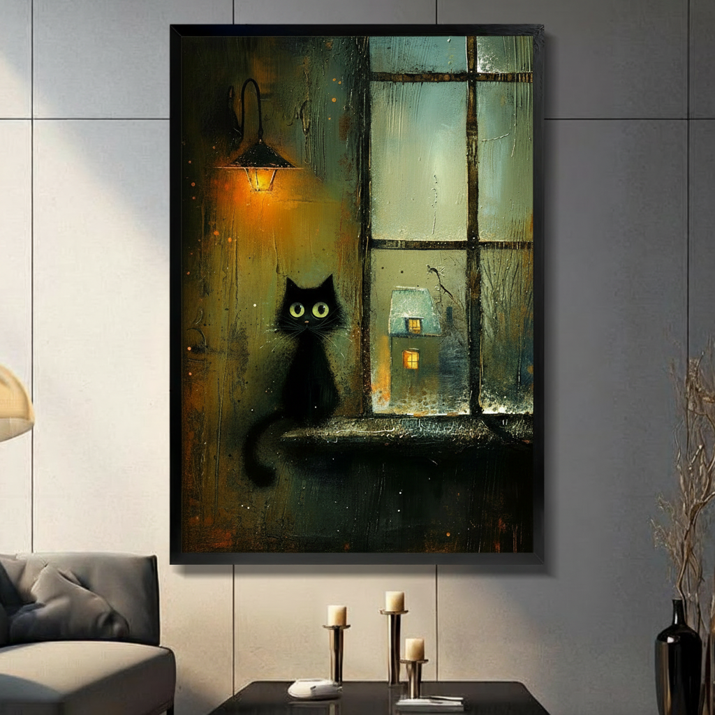 Rainy Night Black Cat Window Canvas Art Wall Art