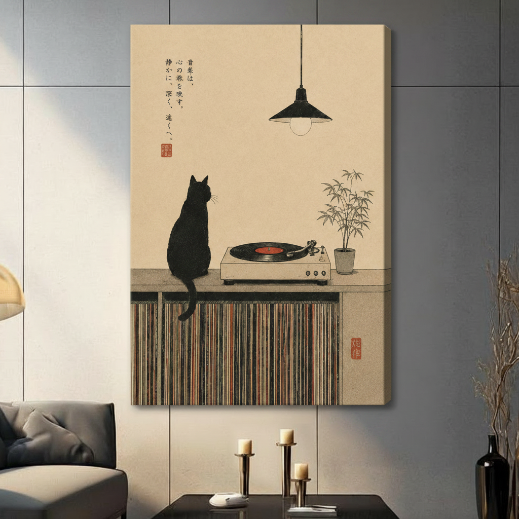 Japandi Black Cat Vinyl Record Canvas Wall Art