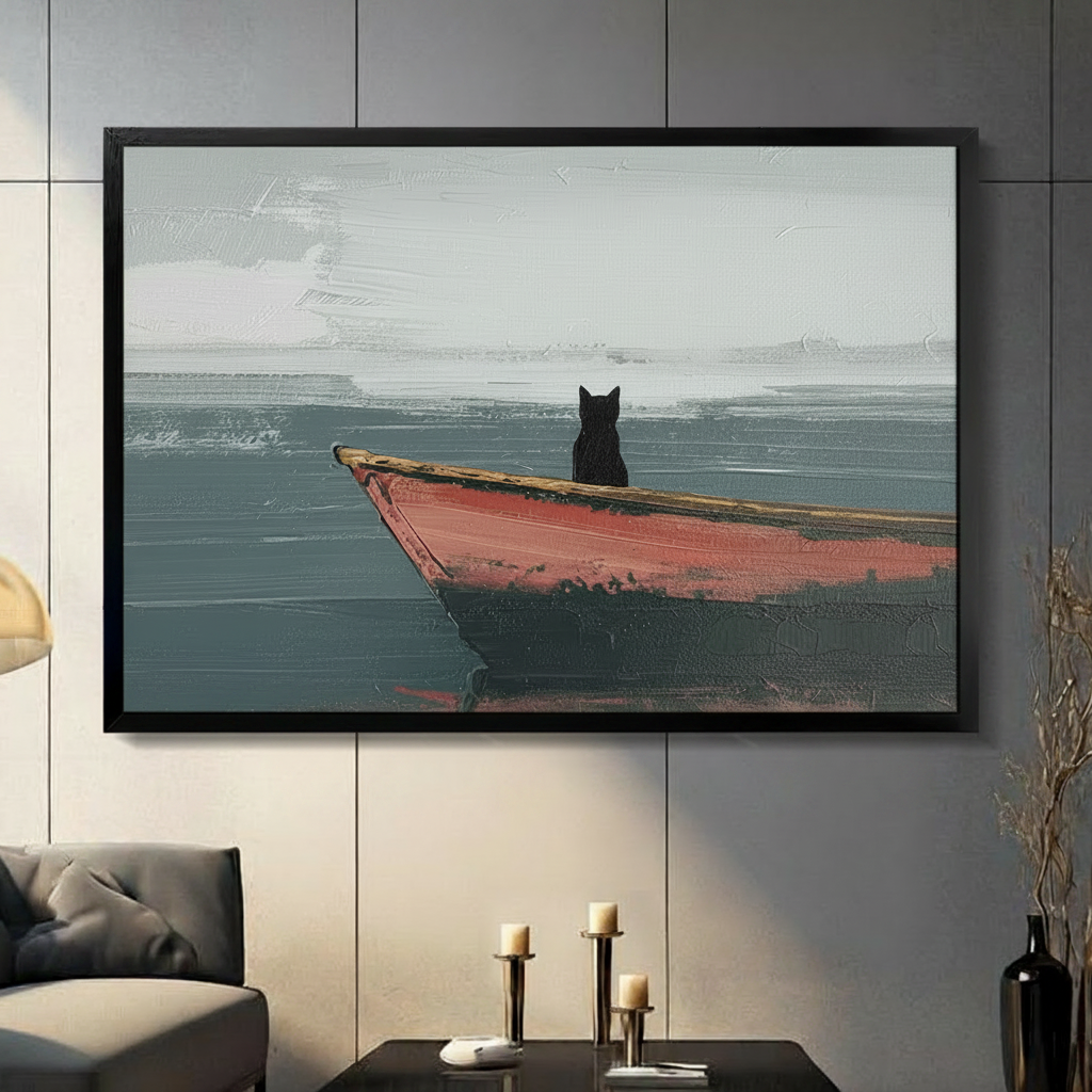 Black Cat Red Boat Seascape Oil Painting Canvas