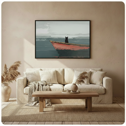 Black Cat Red Boat Seascape Oil Painting Canvas