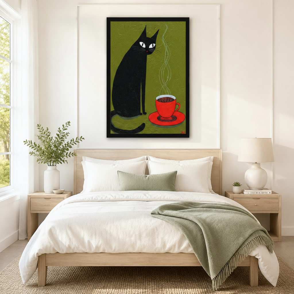 Black Cat Coffee Cup Canvas Wall Art