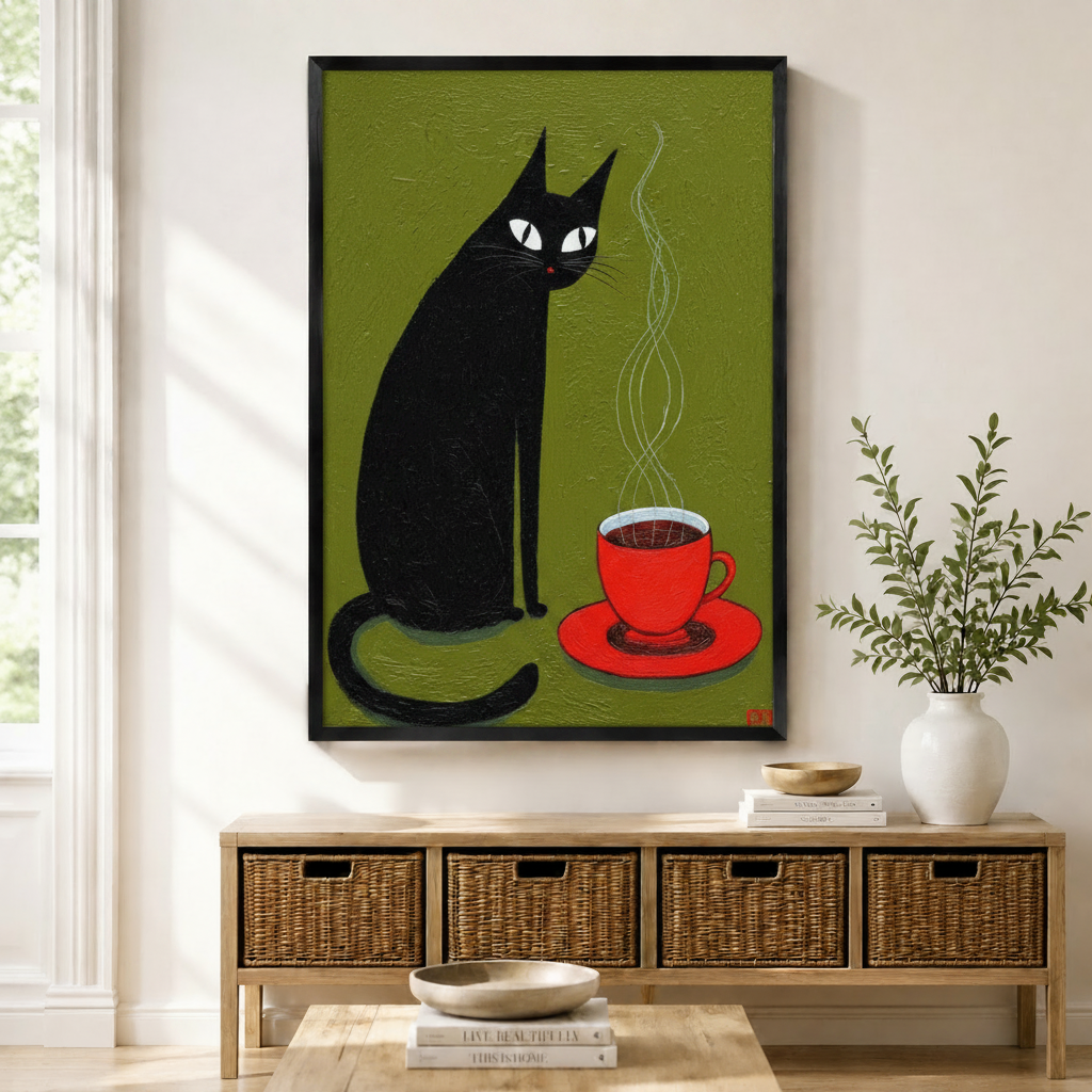 Black Cat Coffee Cup Canvas Wall Art