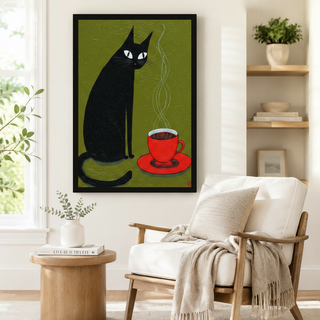 Black Cat Coffee Cup Canvas Wall Art