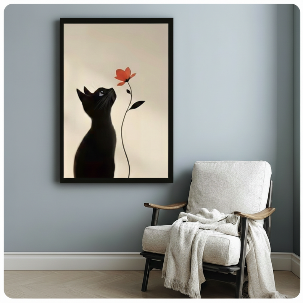 Black Cat Red Flower Minimalist Canvas Art Wall Art