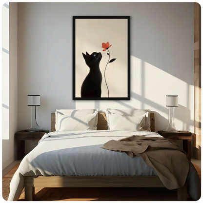 Black Cat Red Flower Minimalist Canvas Art Wall Art
