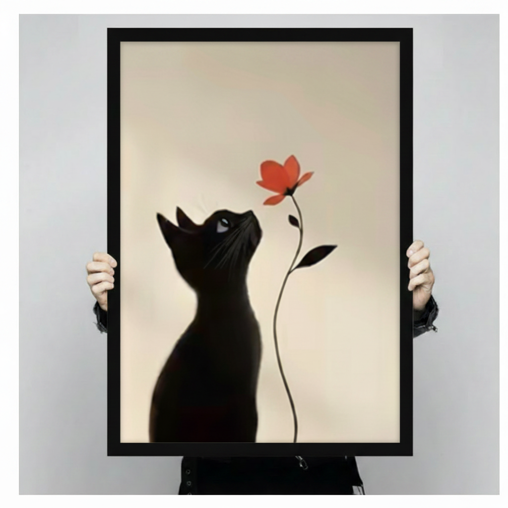 Black Cat Red Flower Minimalist Canvas Art Wall Art