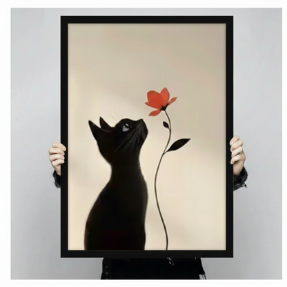 Black Cat Red Flower Minimalist Canvas Art Wall Art