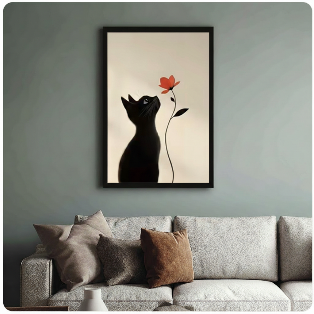 Black Cat Red Flower Minimalist Canvas Art Wall Art