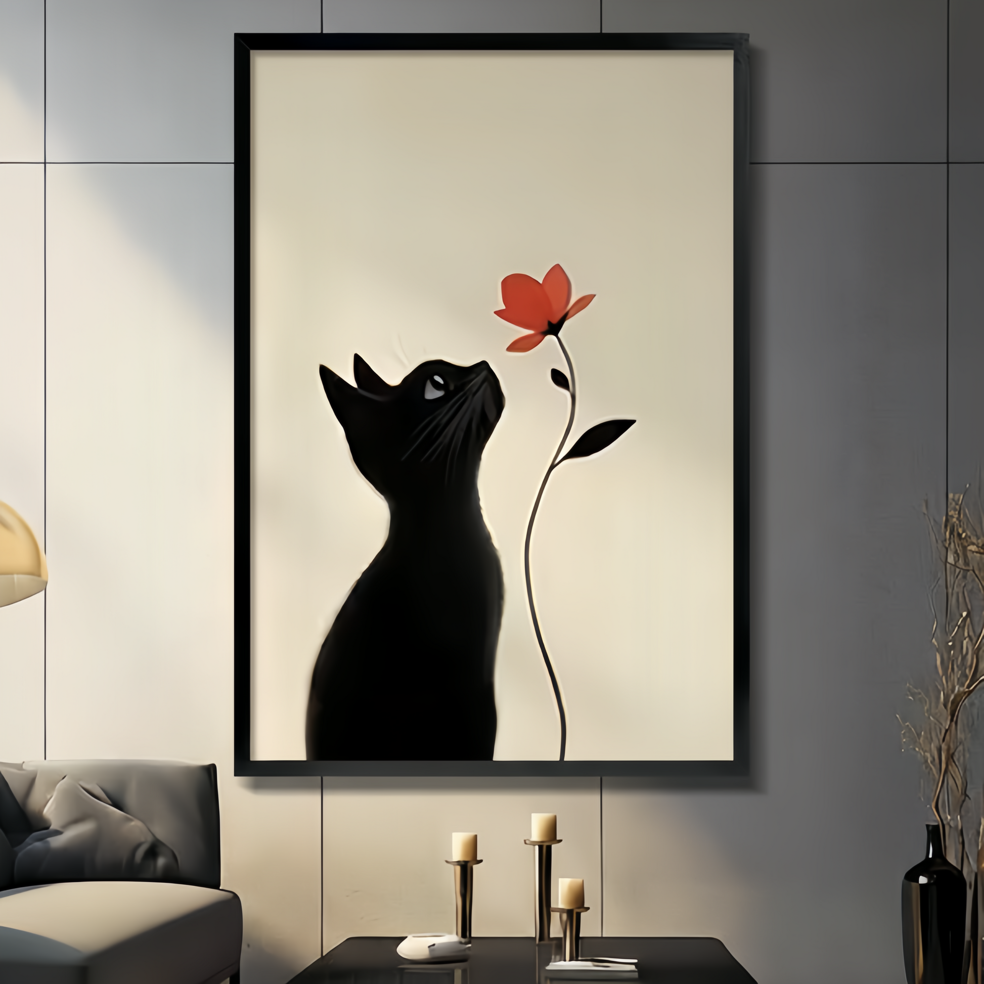 Black Cat Red Flower Minimalist Canvas Art Wall Art