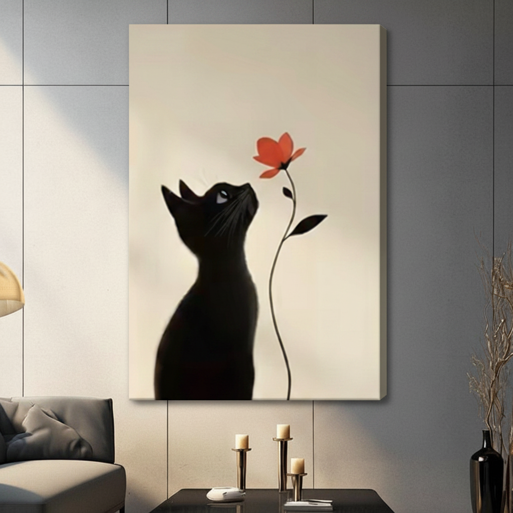 Black Cat Red Flower Minimalist Canvas Art Wall Art