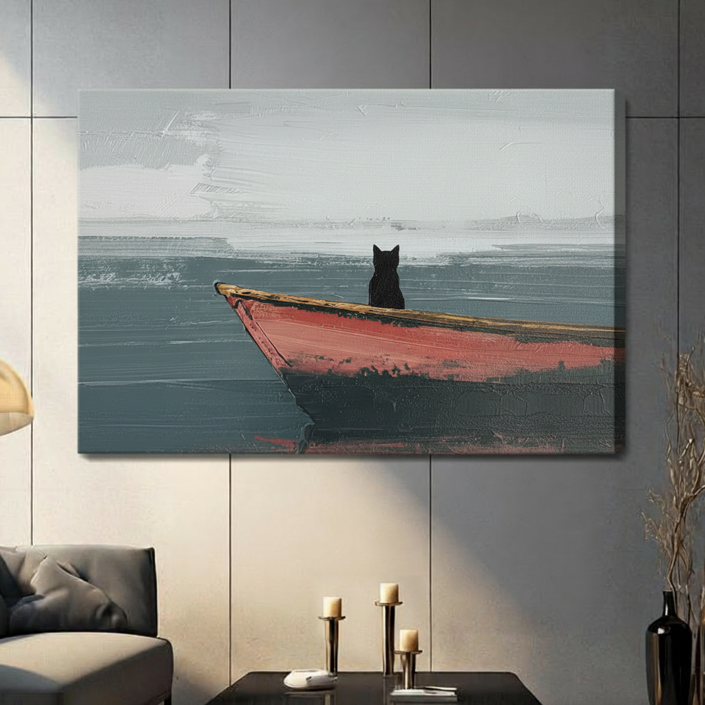 Black Cat Red Boat Seascape Oil Painting Canvas