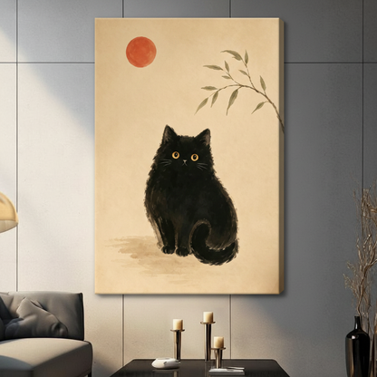 Black Cat Red Sun Zen Canvas Art Wall Art