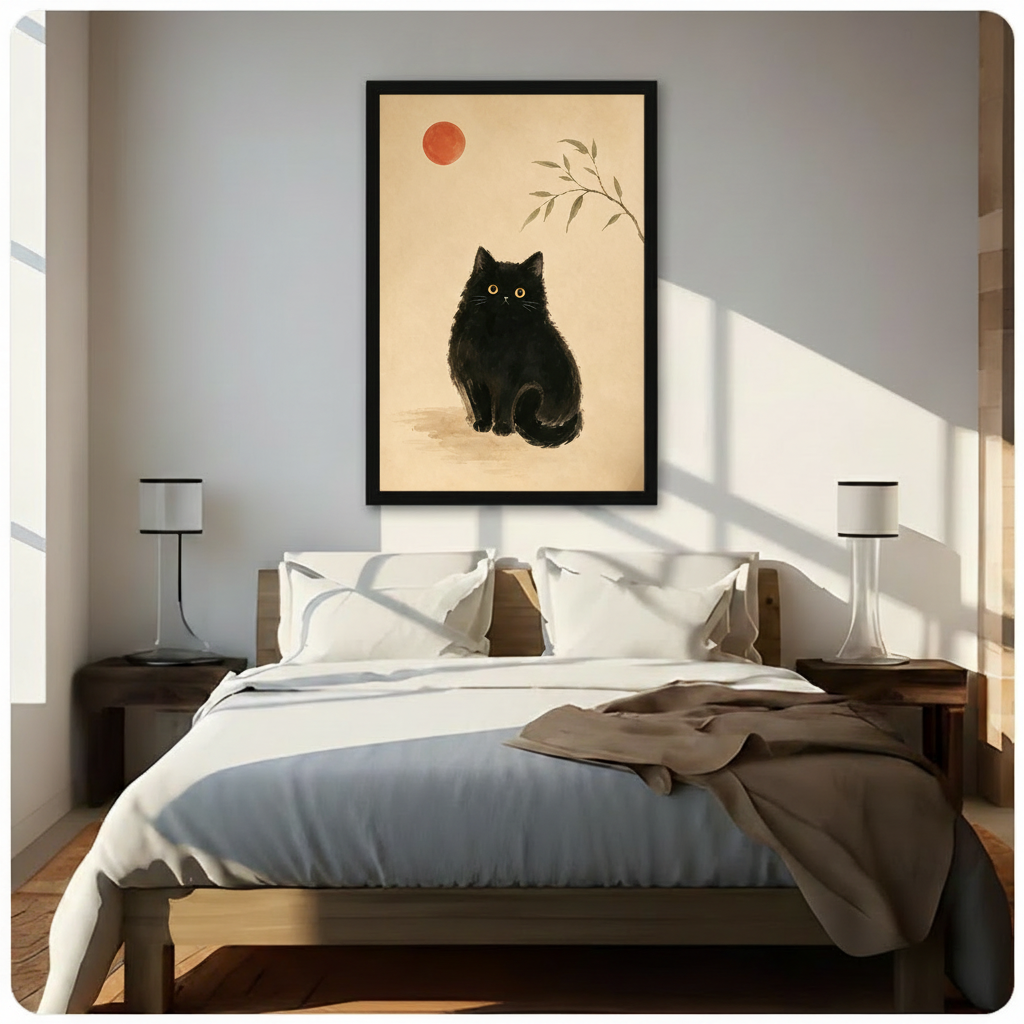Black Cat Red Sun Zen Canvas Art Wall Art
