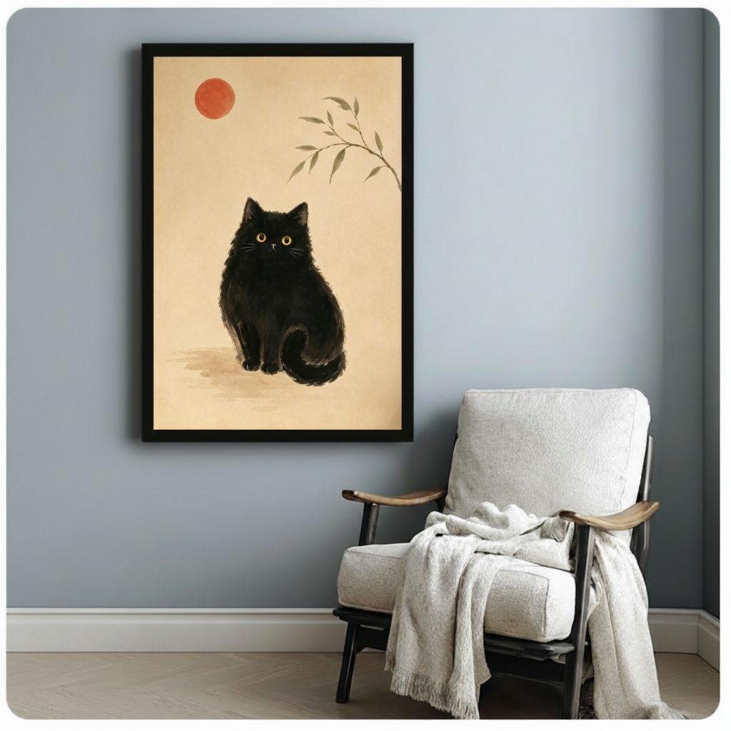 Black Cat Red Sun Zen Canvas Art Wall Art