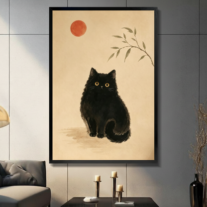 Black Cat Red Sun Zen Canvas Art Wall Art