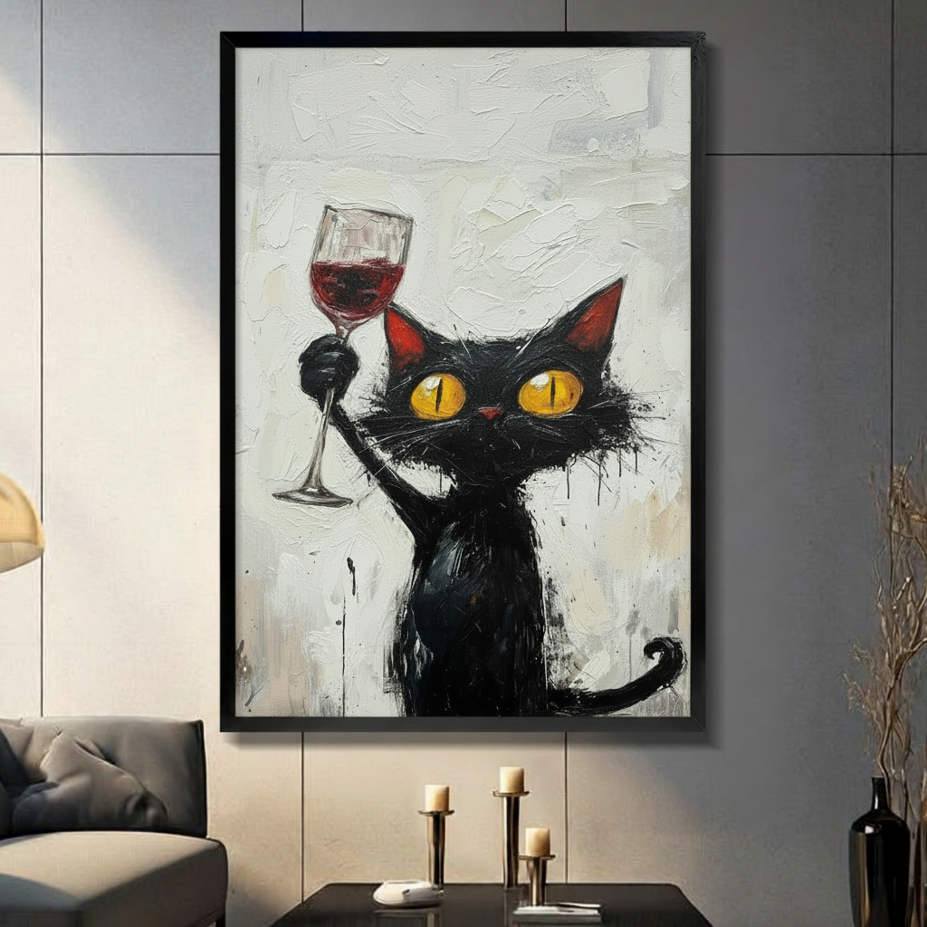Funny Black Cat Red Wine Impasto Canvas Art Wall Art