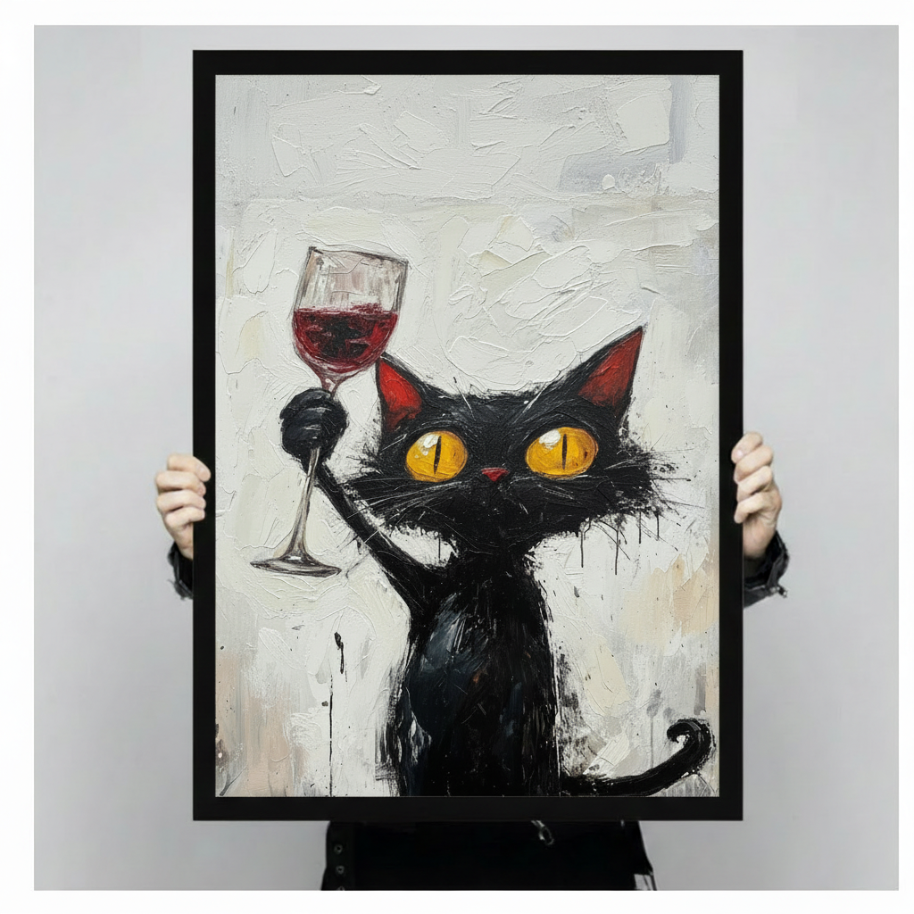 Funny Black Cat Red Wine Impasto Canvas Art Wall Art