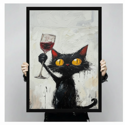 Funny Black Cat Red Wine Impasto Canvas Art Wall Art
