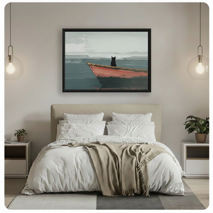 Black Cat Red Boat Seascape Oil Painting Canvas