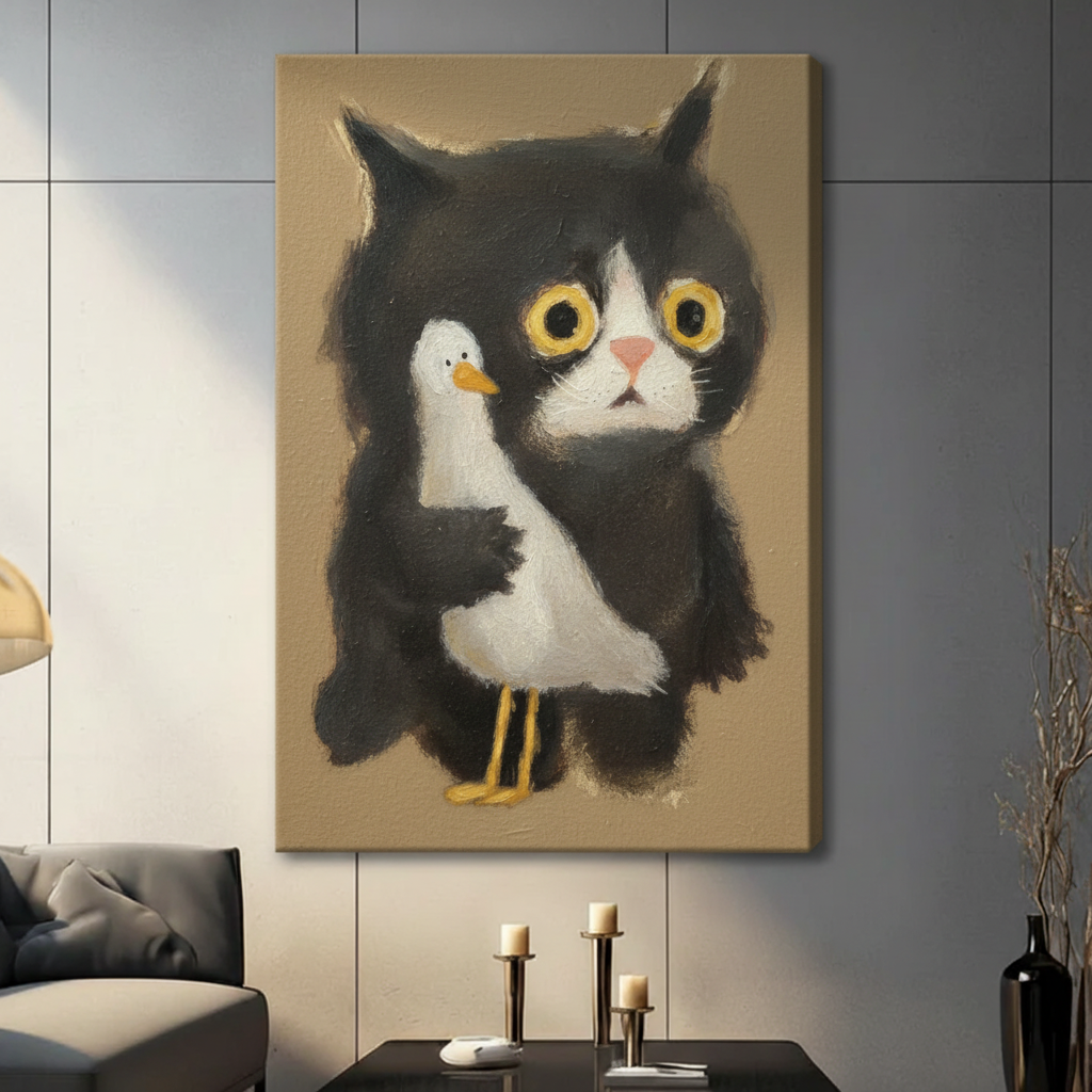 Black Cat Seagull Pastel Folk Art Canvas Print