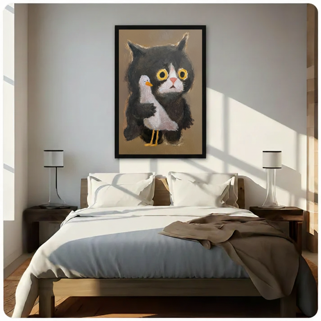 Black Cat Seagull Pastel Folk Art Canvas Print