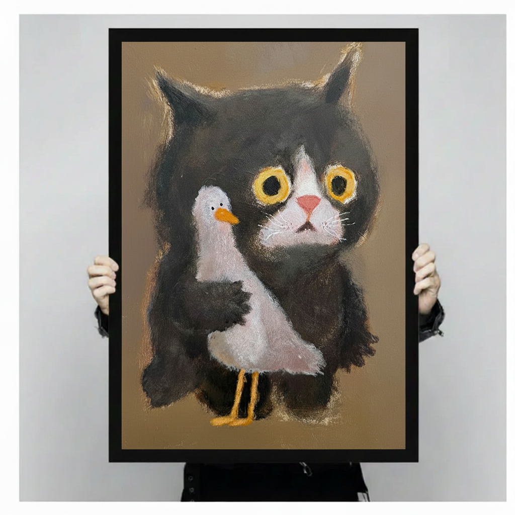 Black Cat Seagull Pastel Folk Art Canvas Print