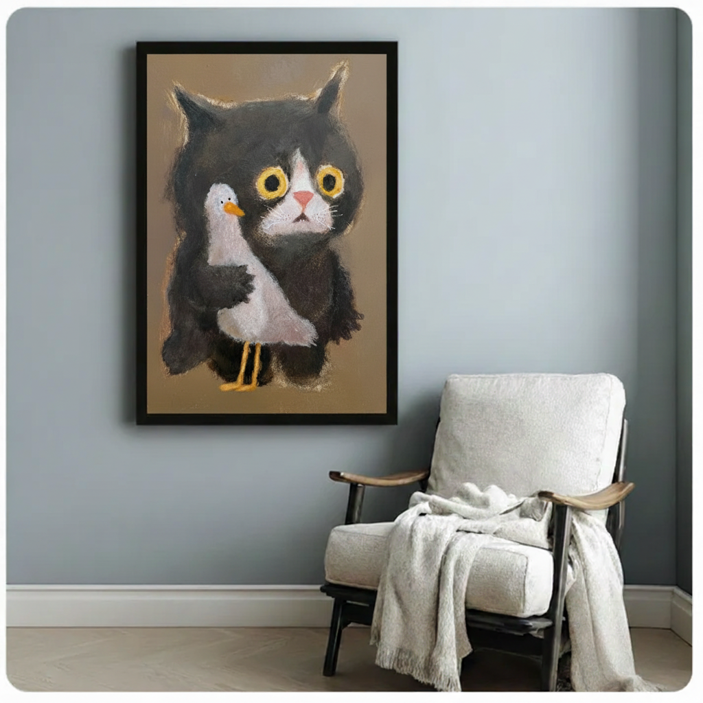 Black Cat Seagull Pastel Folk Art Canvas Print