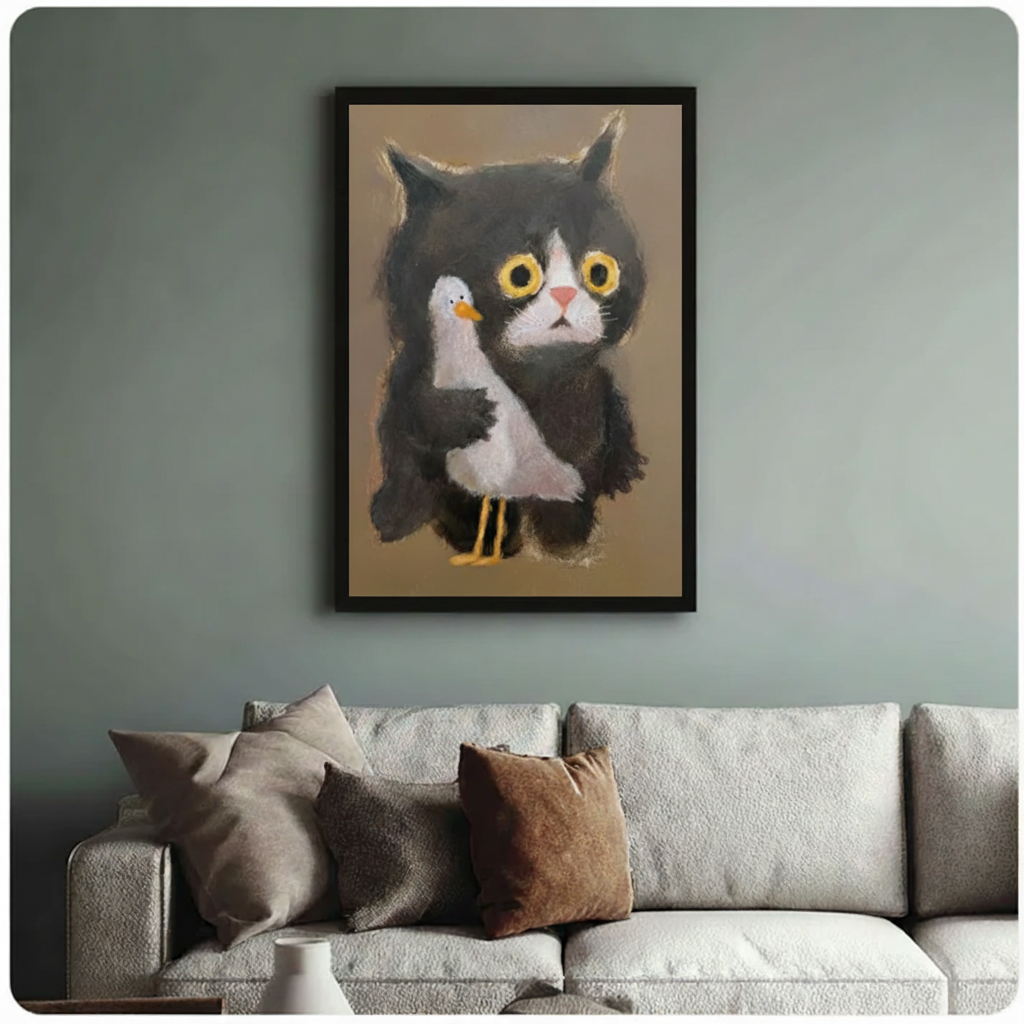 Black Cat Seagull Pastel Folk Art Canvas Print