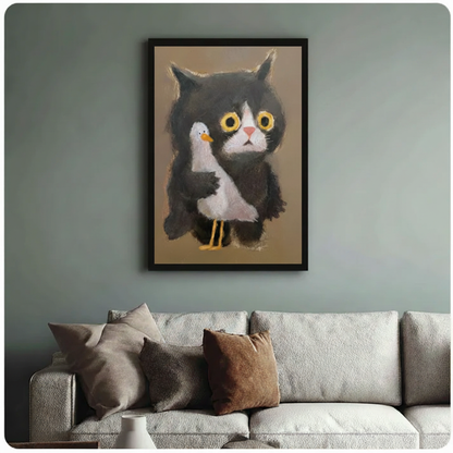 Black Cat Seagull Pastel Folk Art Canvas Print