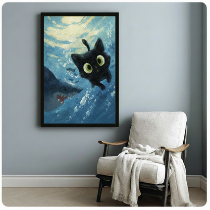 Black Cat Meets Shark Underwater Canvas Art Wall Art