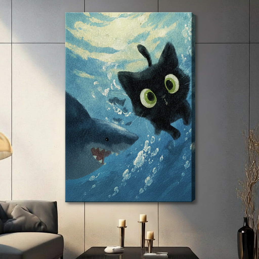 Black Cat Meets Shark Underwater Canvas Art Wall Art