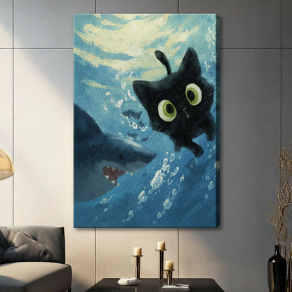 Black Cat Meets Shark Underwater Canvas Art Wall Art
