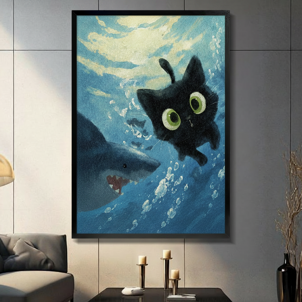 Black Cat Meets Shark Underwater Canvas Art Wall Art